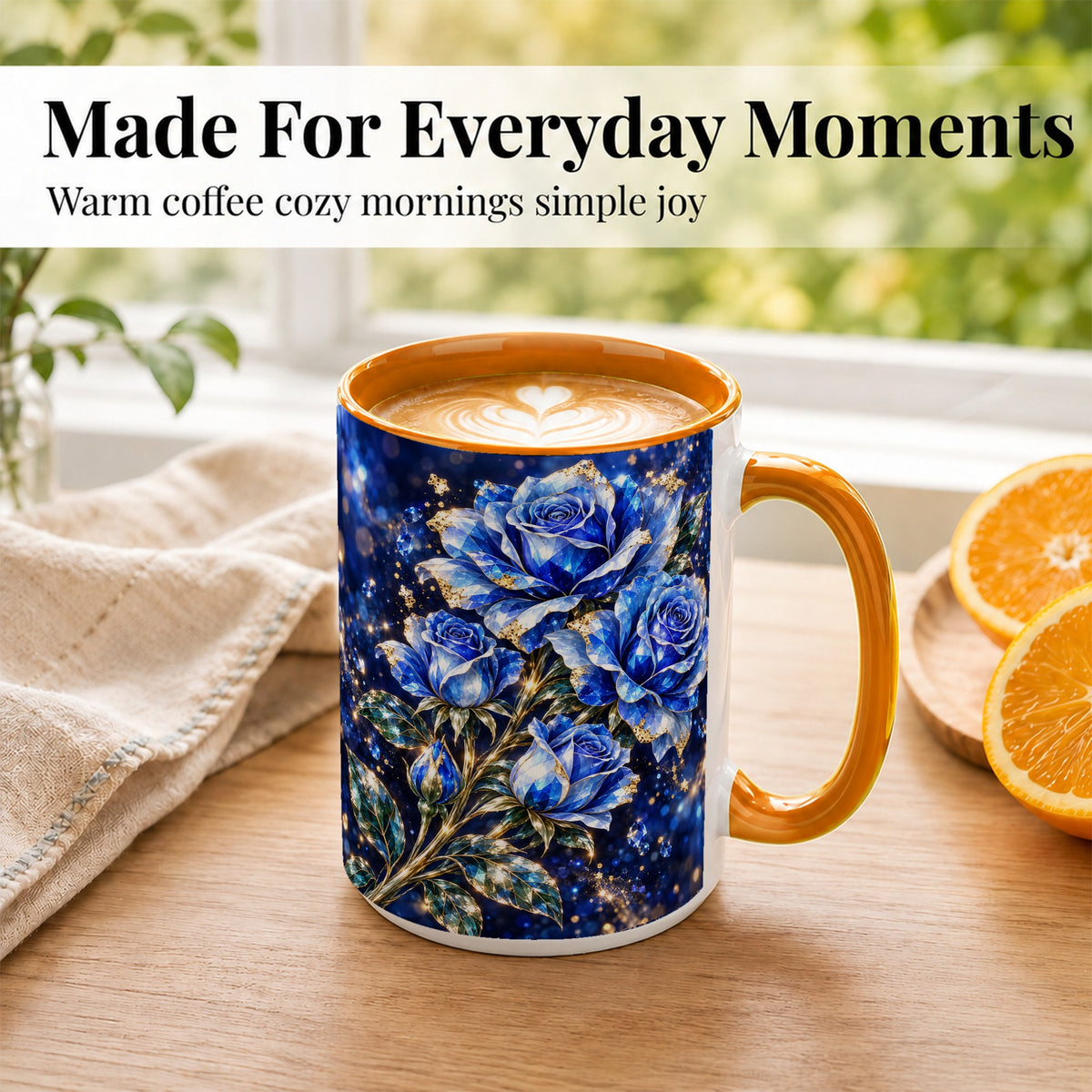 #pl[15oz|Orange] Blue Crystal Rose Coffee Mug, Sapphire Floral Mug, Ceramic Cup