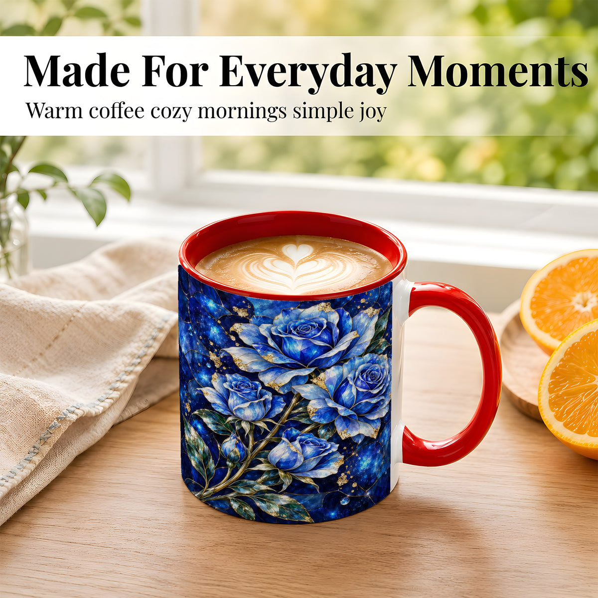 #pl[11oz|Red] Blue Rose Coffee Mug, Stained Glass Style Floral Mug, Ceramic Cup