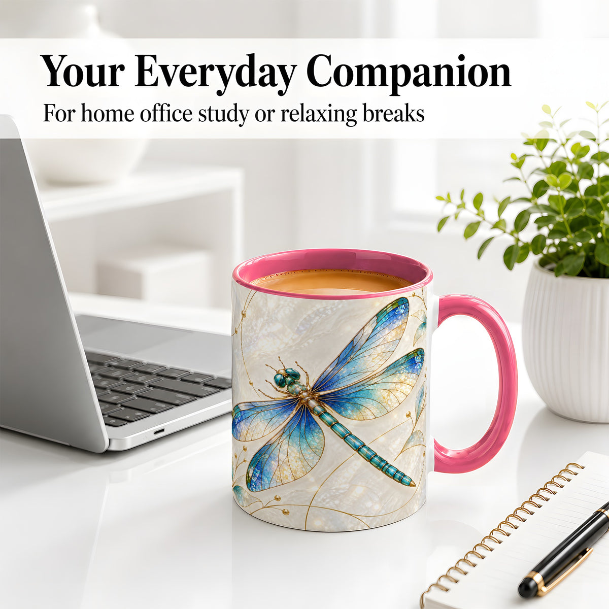 #pl[11oz|Pink] Blue Dragonfly Ceramic Mug with Jewel-Inspired Nature Artwork