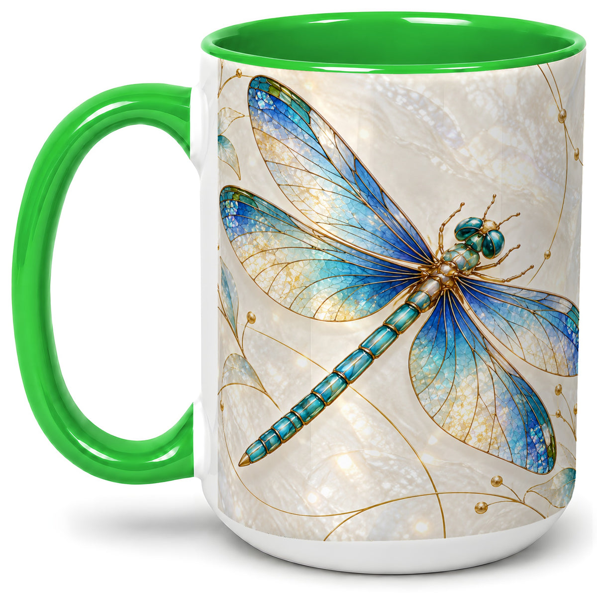 #pl[15oz|Green] Blue Dragonfly Ceramic Mug with Jewel-Inspired Nature Artwork