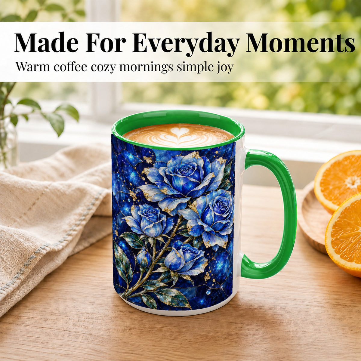 #pl[15oz|Green] Blue Rose Coffee Mug, Stained Glass Style Floral Mug, Ceramic Cup