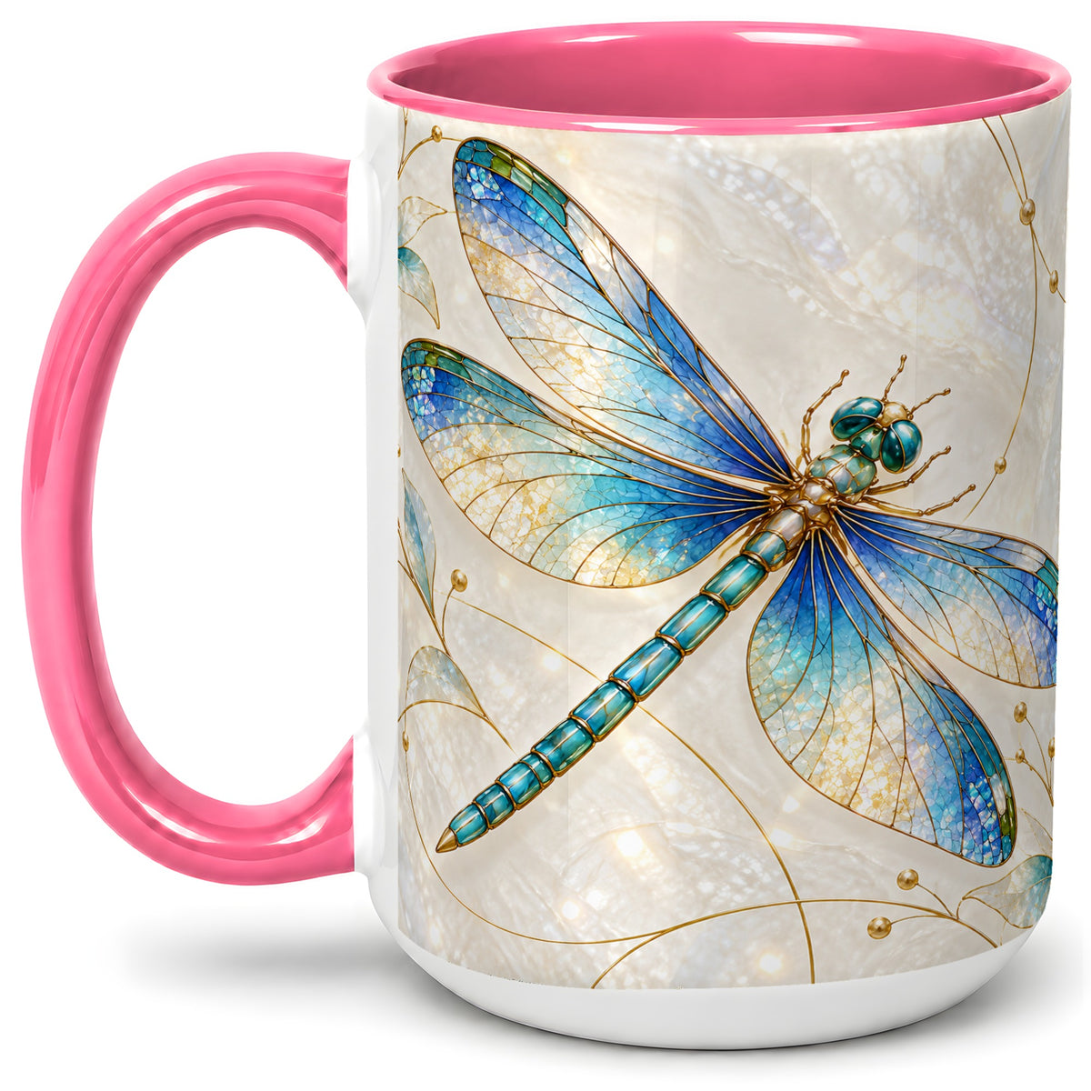 #pl[15oz|Pink] Blue Dragonfly Ceramic Mug with Jewel-Inspired Nature Artwork