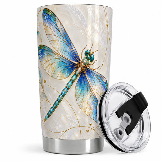 Blue Dragonfly 20oz Tumbler with Jewel-Inspired Botanical Artwork