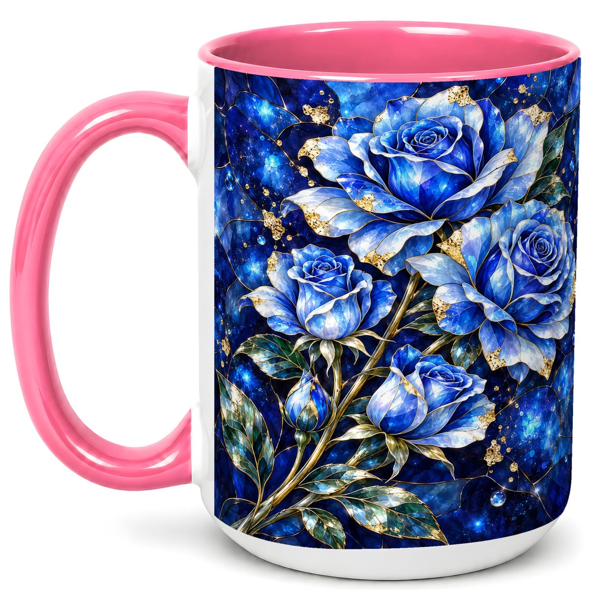 #pl[15oz|Pink] Blue Rose Coffee Mug, Stained Glass Style Floral Mug, Ceramic Cup
