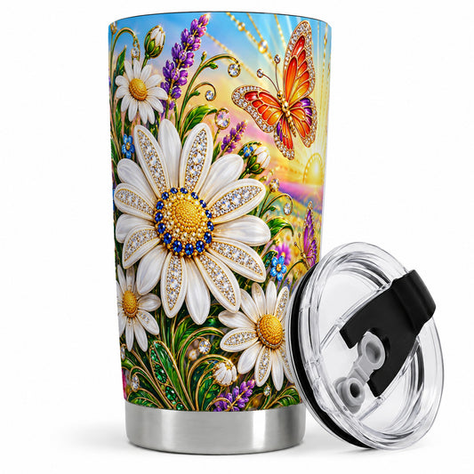 Daisy Butterfly 20oz Tumbler with Colorful Sunrise Botanical Artwork