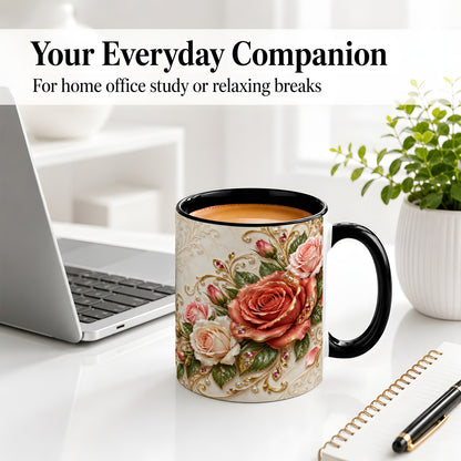#pl[11oz|Black] Ornate Rose Floral Ceramic Mug with Coral Pink Botanical Artwork