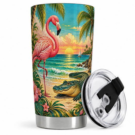 Tropical Flamingo 20oz Tumbler with Alligator Beach Wildlife Artwork