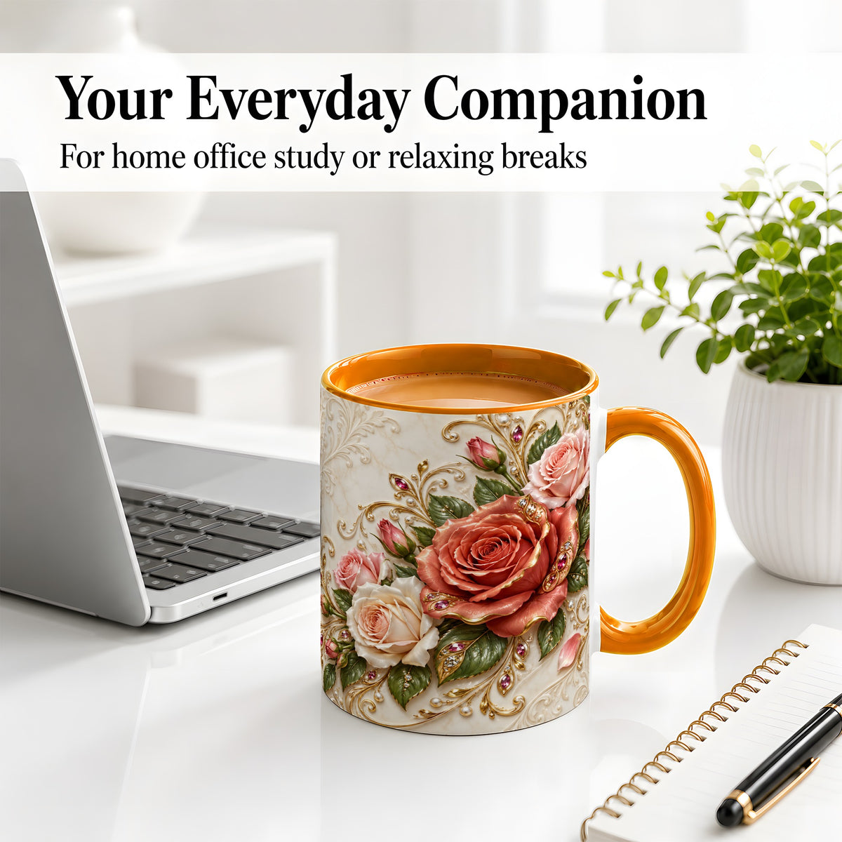 #pl[11oz|Orange] Ornate Rose Floral Ceramic Mug with Coral Pink Botanical Artwork