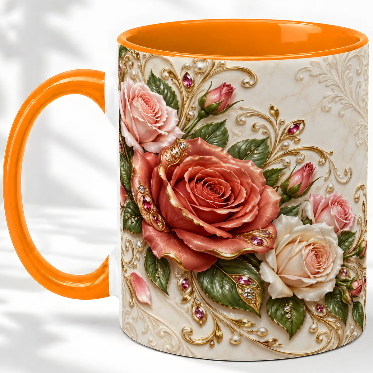 #pl[11oz|Orange] Ornate Rose Floral Ceramic Mug with Coral Pink Botanical Artwork