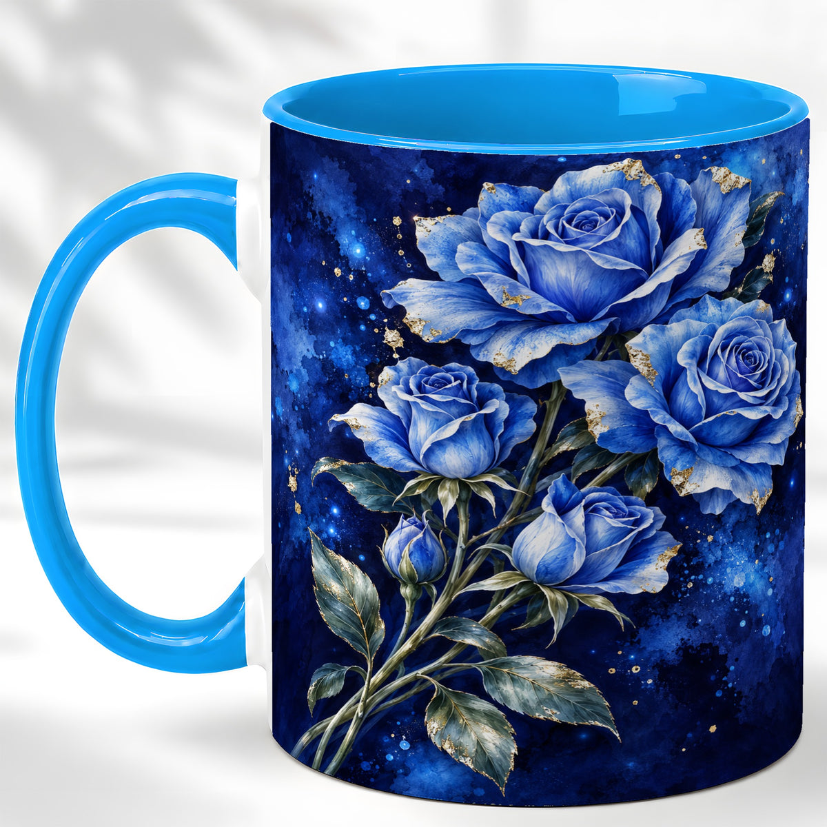 #pl[11oz|Blue] Midnight Blue Rose Coffee Mug, Watercolor Floral Mug, Ceramic Cup