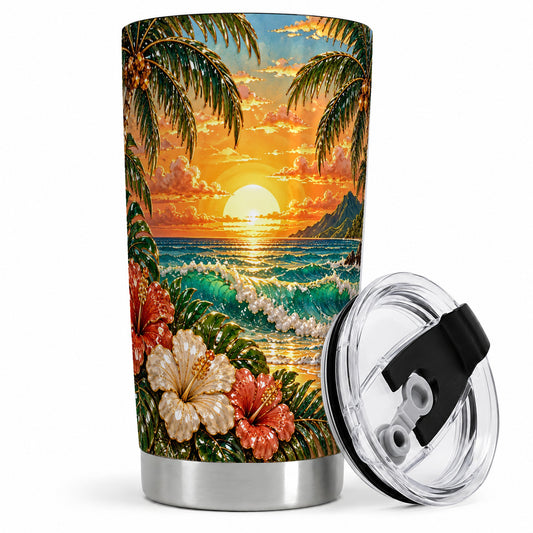 Tropical Sunset 20oz Tumbler with Hibiscus Beach and Palm Artwork