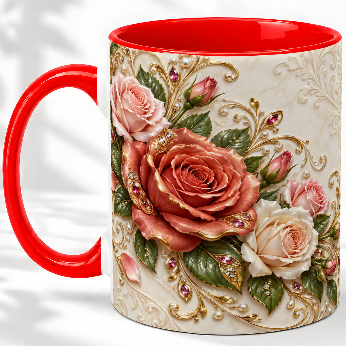 Ornate Rose Floral Ceramic Mug with Coral Pink Botanical Artwork
