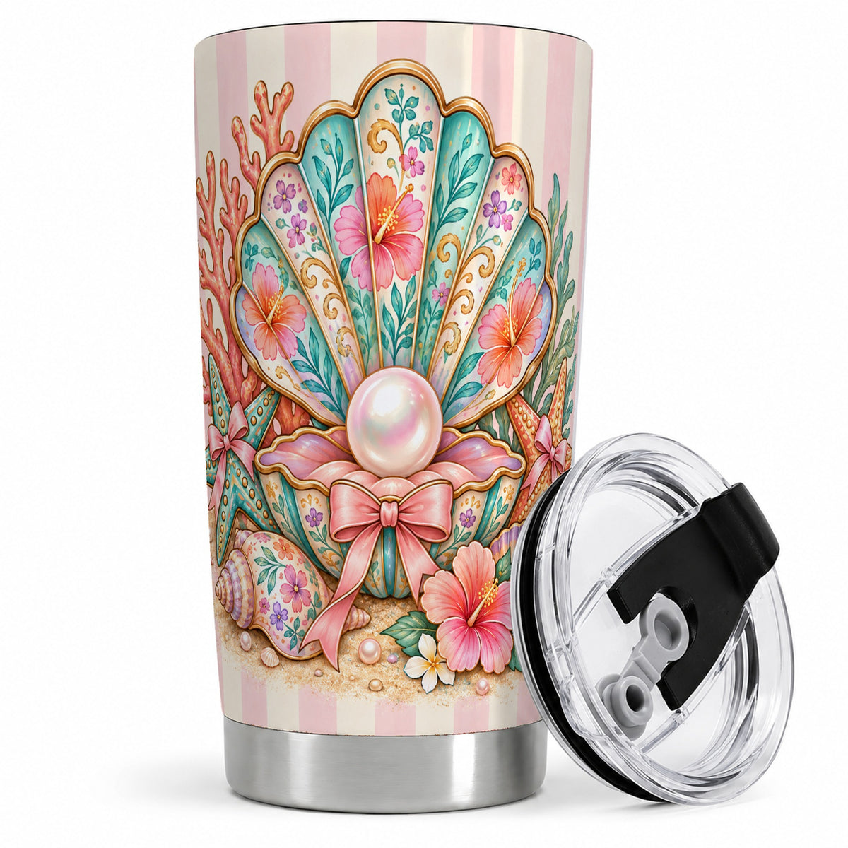 Pearl Seashell 20oz Tumbler with Starfish and Floral Coastal Artwork