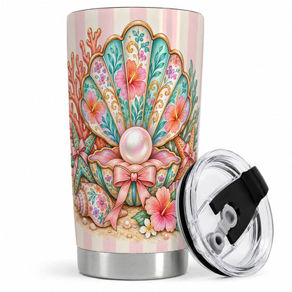 Pearl Seashell 20oz Tumbler with Starfish and Floral Coastal Artwork