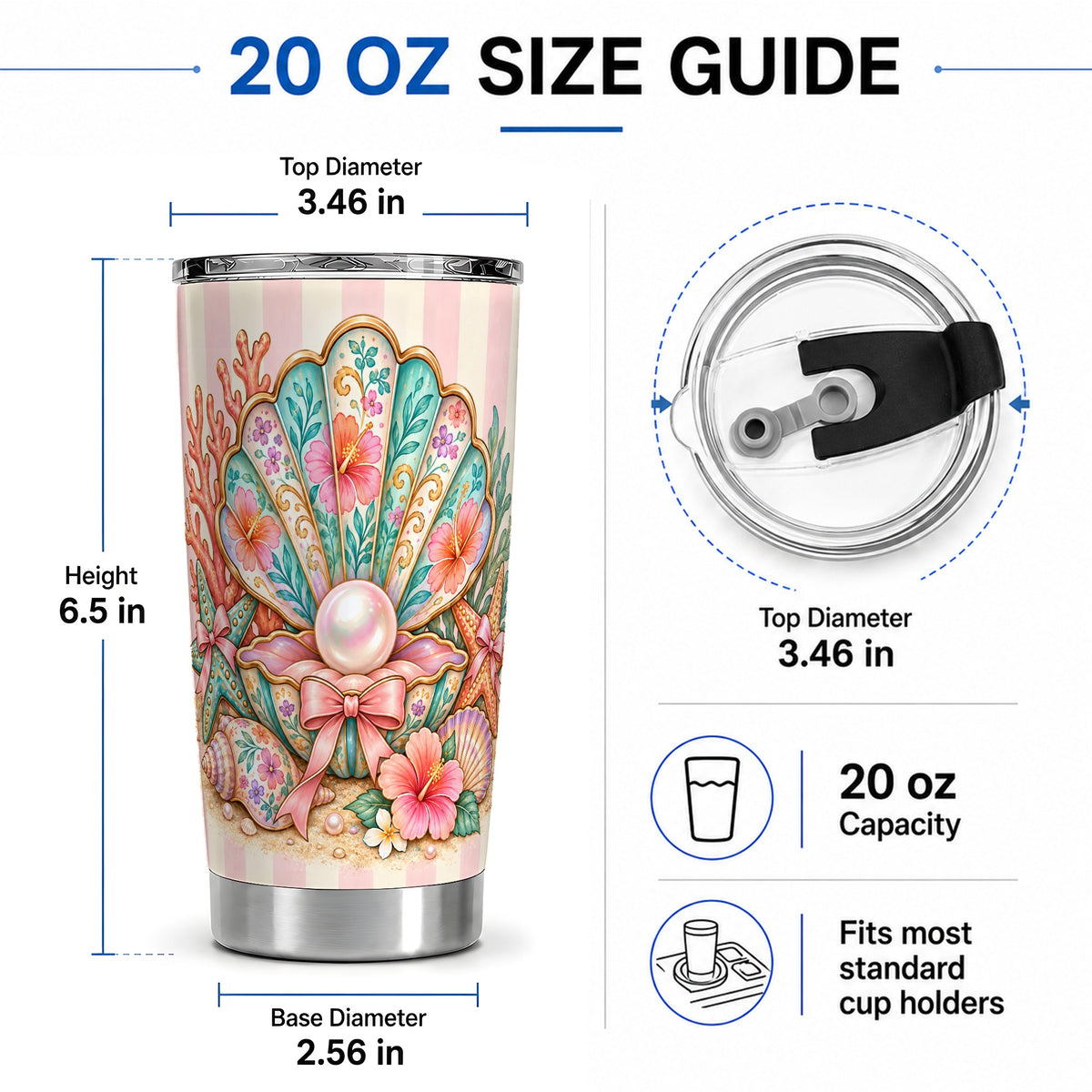 #pl[20oz|Steel] Pearl Seashell 20oz Tumbler with Starfish and Floral Coastal Artwork