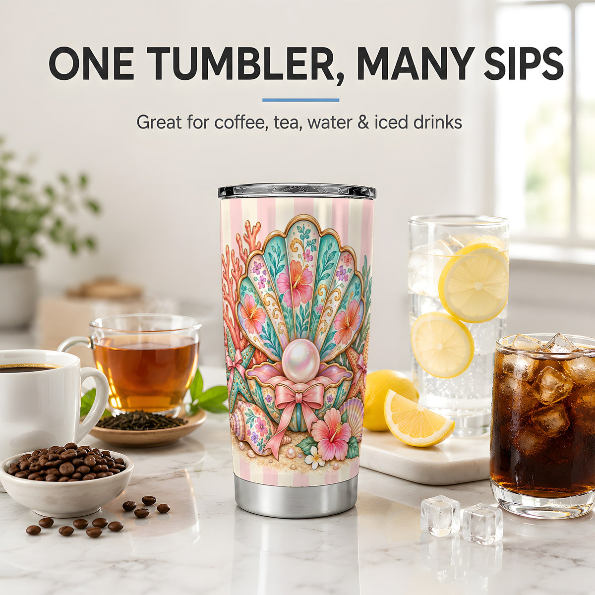 Pearl Seashell 20oz Tumbler with Starfish and Floral Coastal Artwork