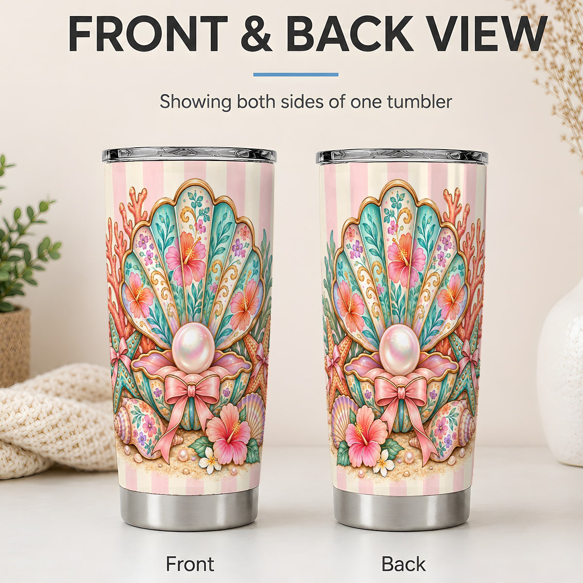 #pl[20oz|Steel] Pearl Seashell 20oz Tumbler with Starfish and Floral Coastal Artwork