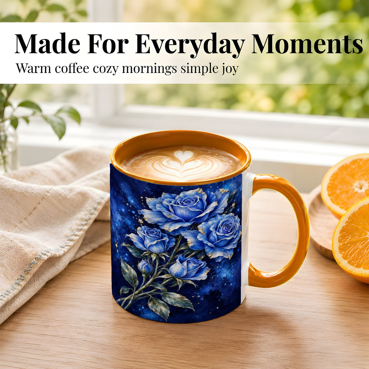 #pl[11oz|Orange] Midnight Blue Rose Coffee Mug, Watercolor Floral Mug, Ceramic Cup