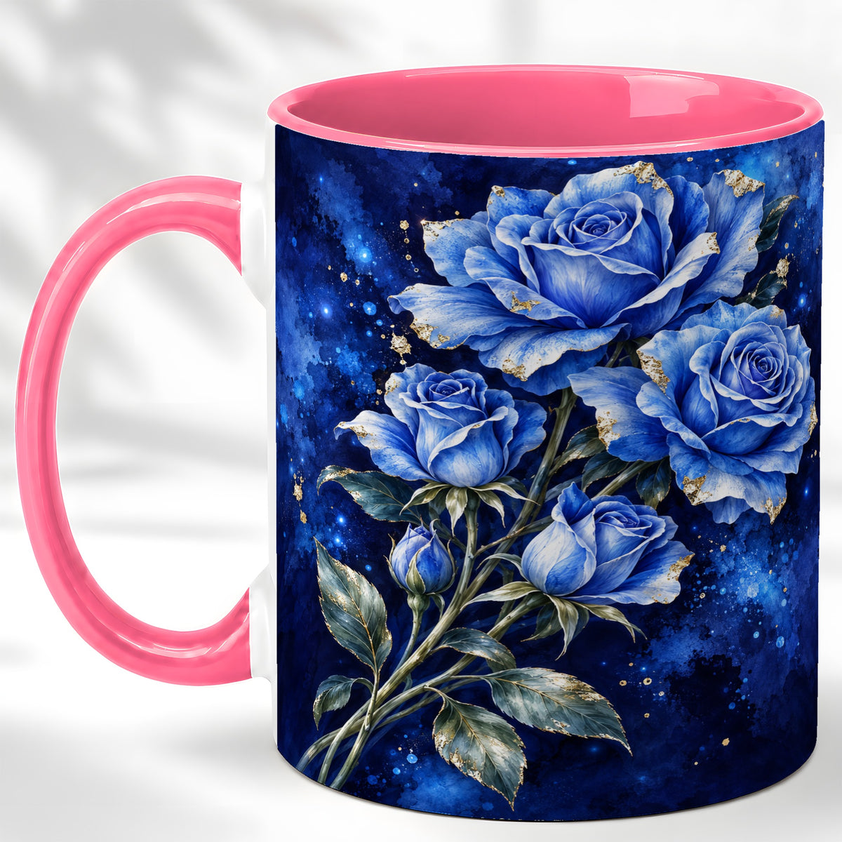 #pl[11oz|Pink] Midnight Blue Rose Coffee Mug, Watercolor Floral Mug, Ceramic Cup