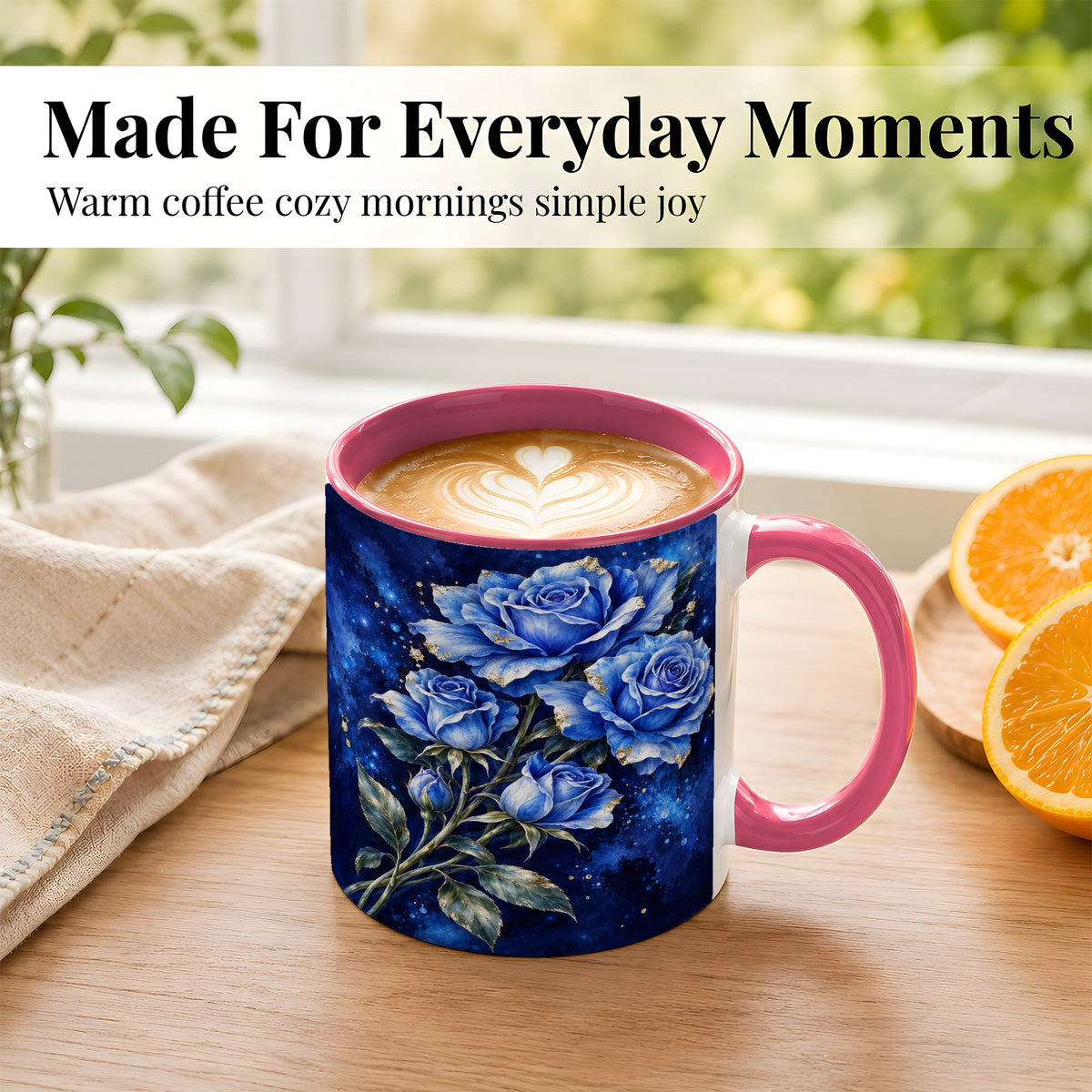 #pl[11oz|Pink] Midnight Blue Rose Coffee Mug, Watercolor Floral Mug, Ceramic Cup