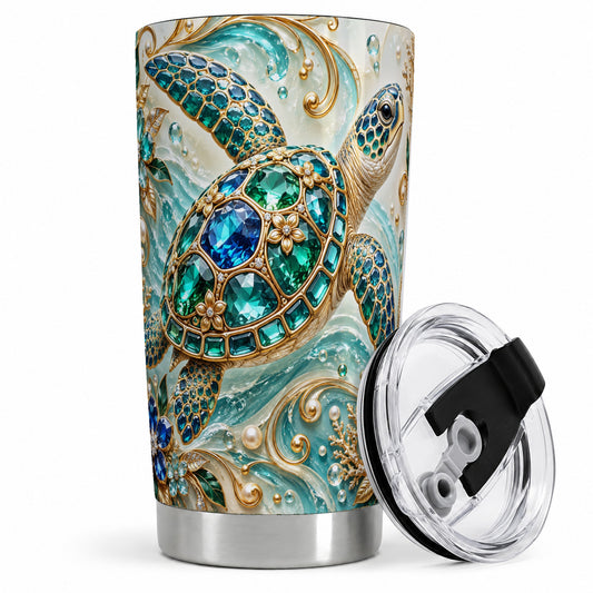 Ornate Sea Turtle 20oz Tumbler with Waves and Floral Ocean Artwork