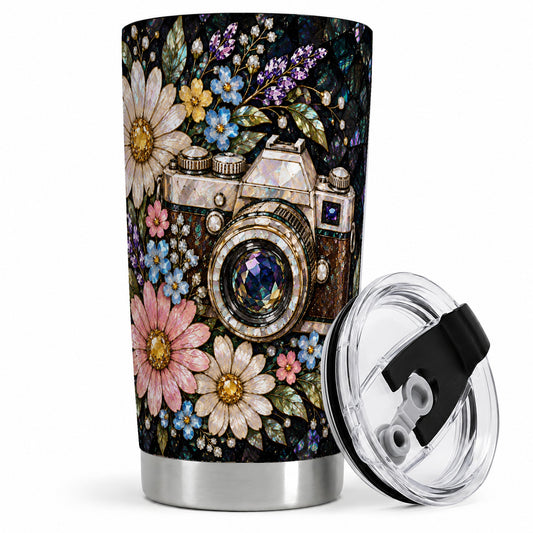 Floral Camera 20oz Tumbler with Daisies and Vintage Mosaic Artwork
