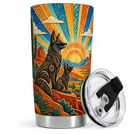 Southwest Coyote 20oz Tumbler with Cactus and Desert Sunset Artwork
