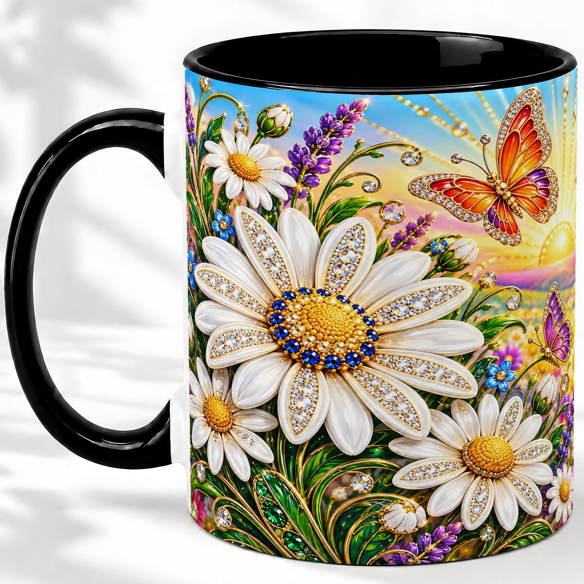 #pl[11oz|Black] Daisy Butterfly Ceramic Mug with Colorful Sunrise Floral Artwork