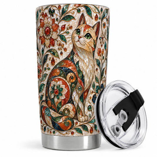 Floral Cat 20oz Tumbler with Jewel Mosaic and Botanical Vine Artwork