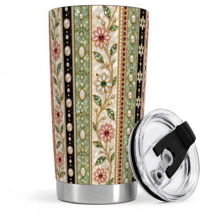 Floral Pearl Stripe 20oz Tumbler with Gem and Botanical Pattern Artwork