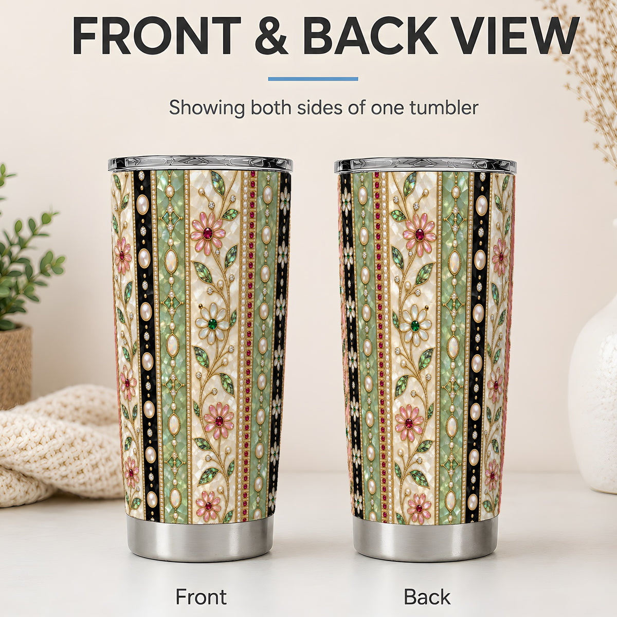 #pl[20oz|Steel] Floral Pearl Stripe 20oz Tumbler with Gem and Botanical Pattern Artwork