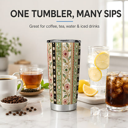 Floral Pearl Stripe 20oz Tumbler with Gem and Botanical Pattern Artwork