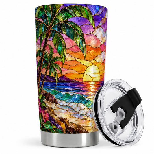 Tropical Sunset 20oz Tumbler with Palm Tree Stained Glass Art