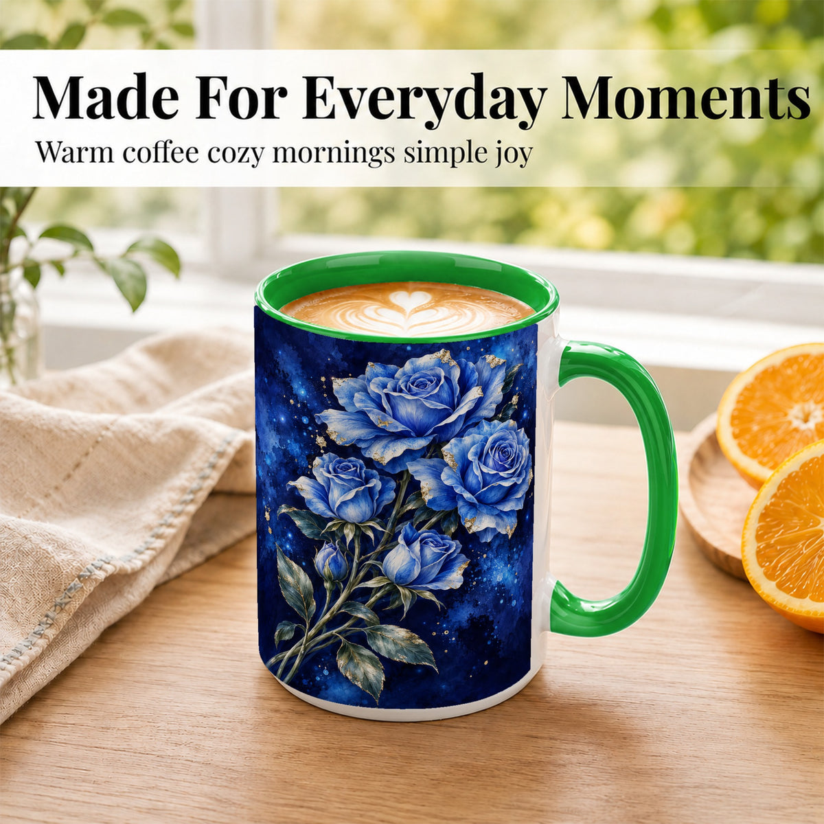 #pl[15oz|Green] Midnight Blue Rose Coffee Mug, Watercolor Floral Mug, Ceramic Cup