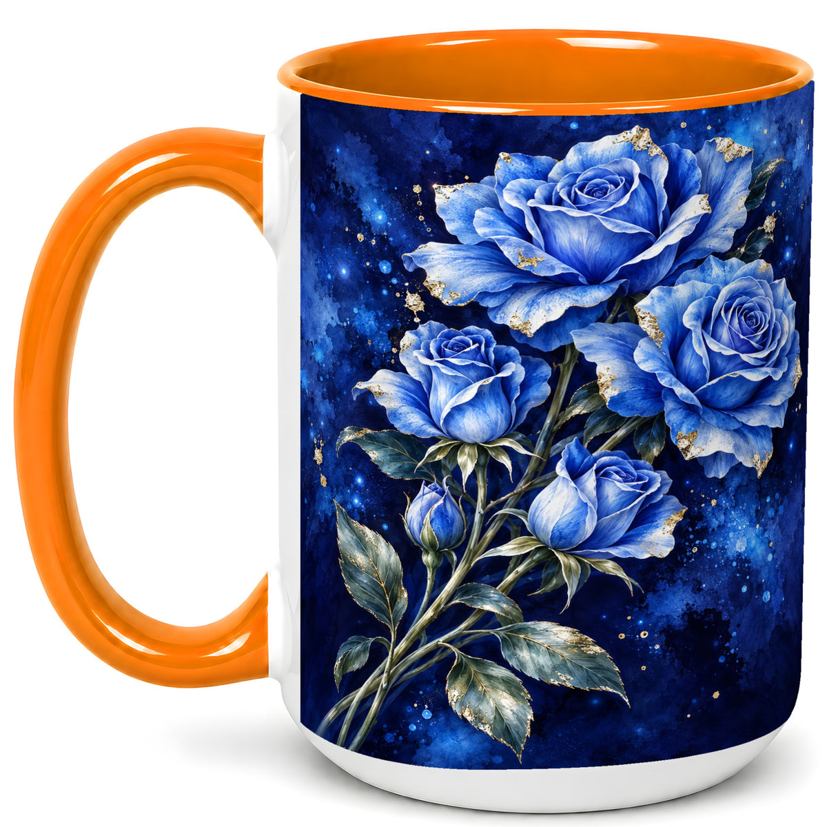 #pl[15oz|Orange] Midnight Blue Rose Coffee Mug, Watercolor Floral Mug, Ceramic Cup