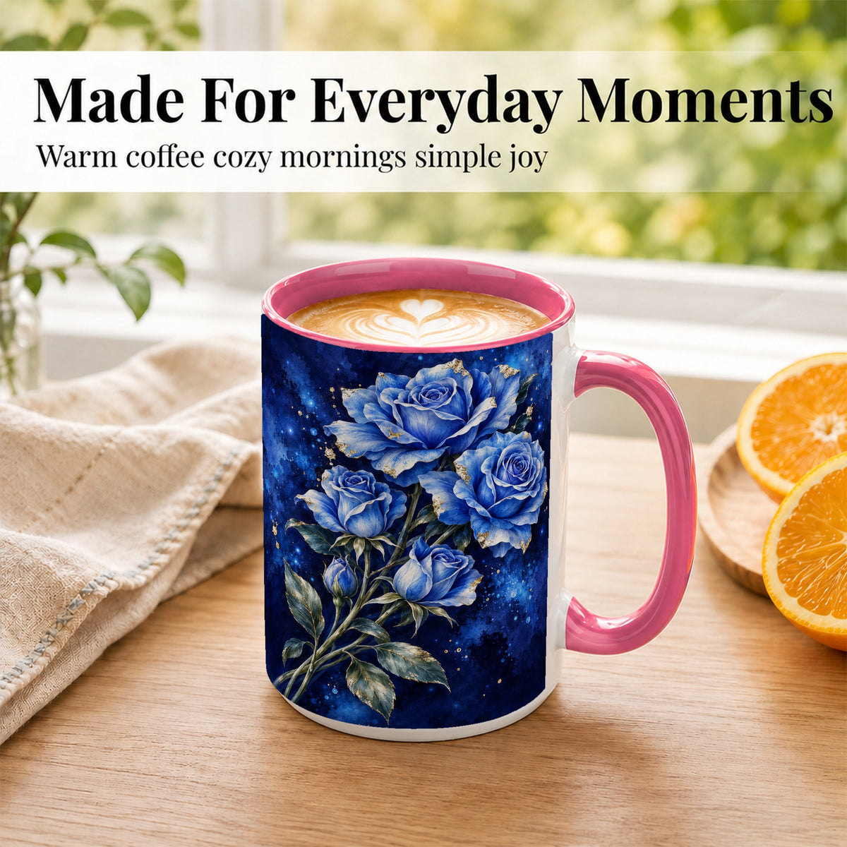 #pl[15oz|Pink] Midnight Blue Rose Coffee Mug, Watercolor Floral Mug, Ceramic Cup