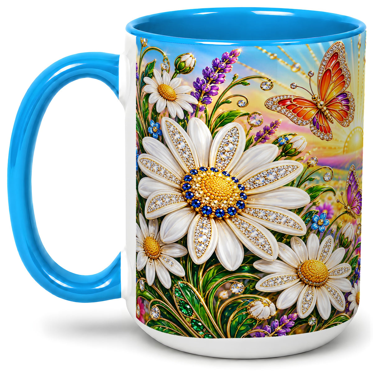 #pl[15oz|Blue] Daisy Butterfly Ceramic Mug with Colorful Sunrise Floral Artwork