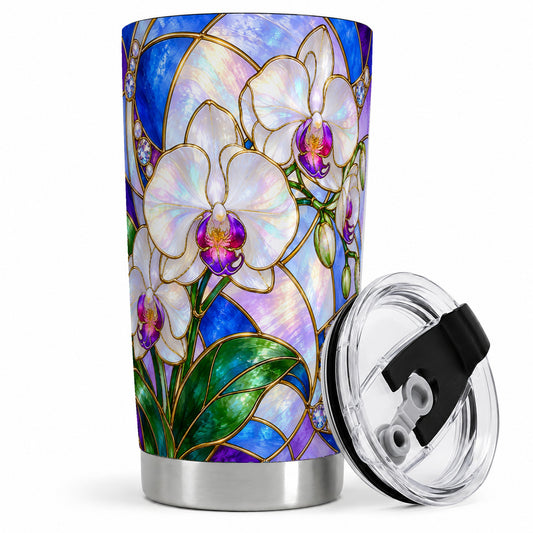 White Orchid 20oz Tumbler with Stained Glass Floral Artwork