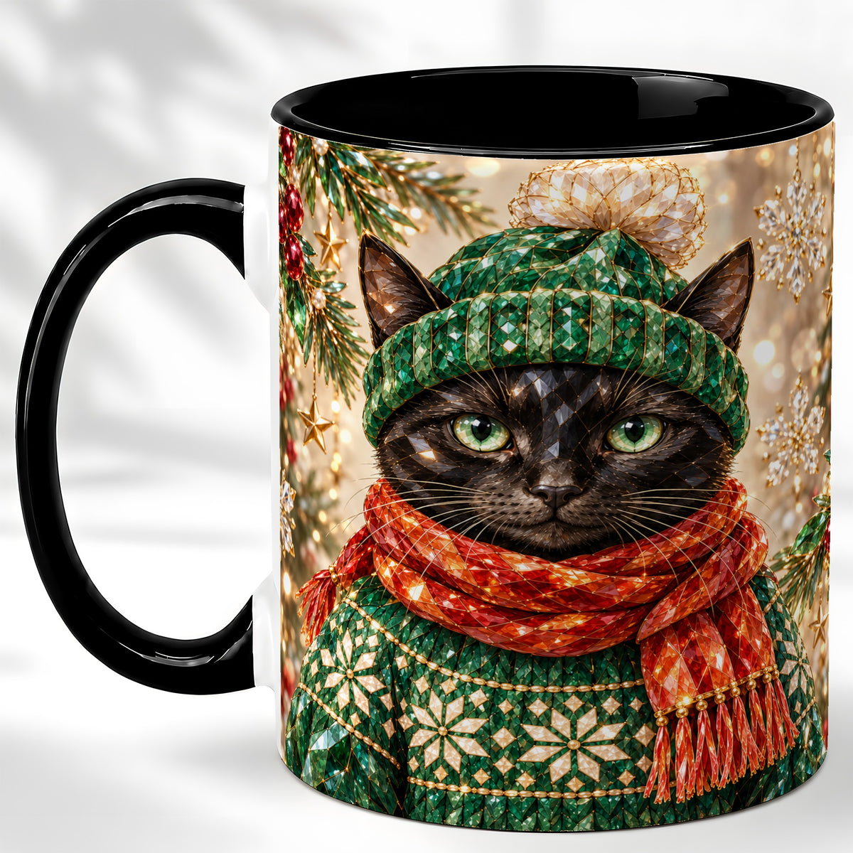 #pl[11oz|Black] Christmas Black Cat Coffee Mug, Winter Kitty Mug, Ceramic Cup