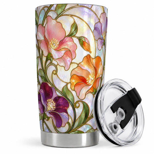 Colorful Trumpet Flowers 20oz Tumbler with Stained Glass Art