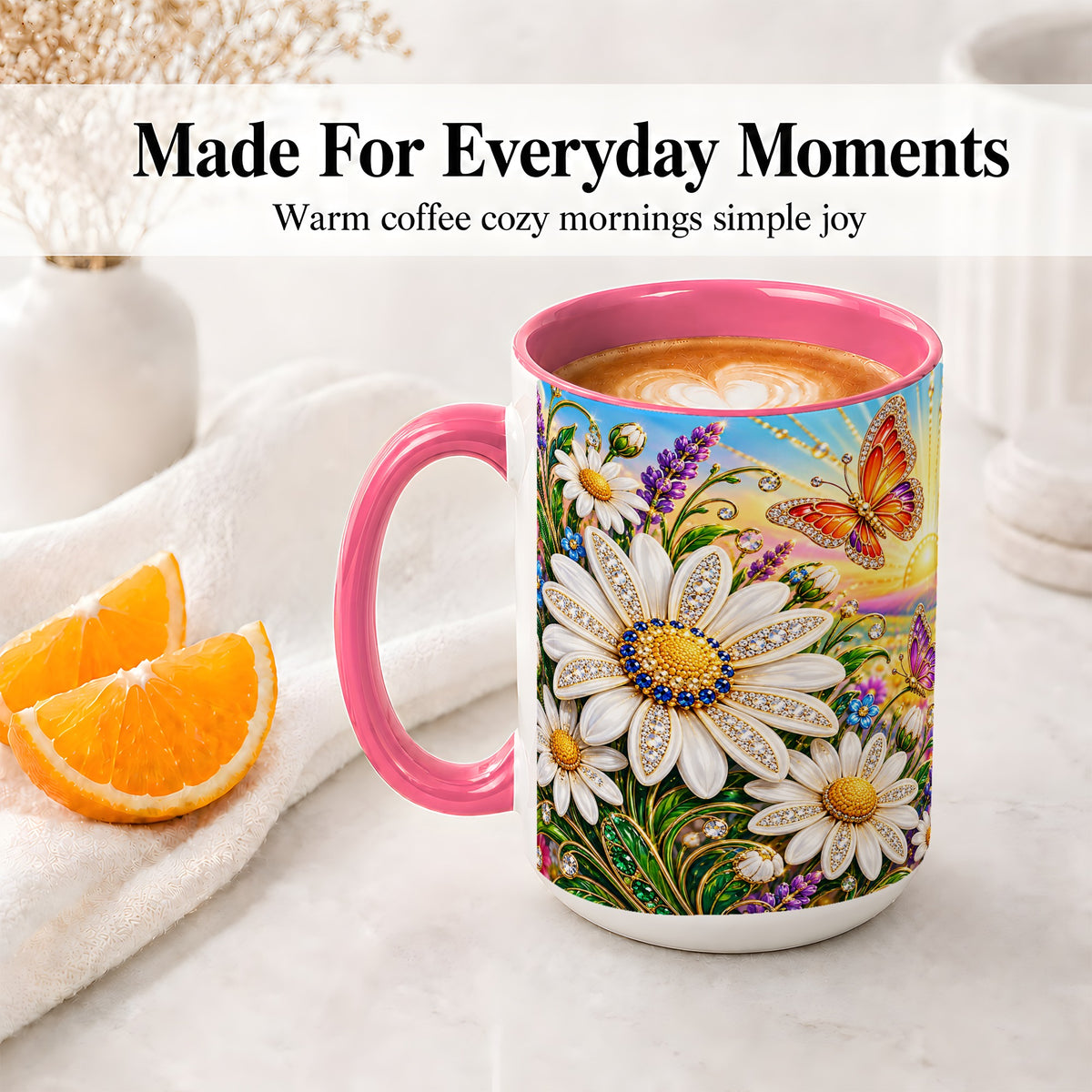 #pl[15oz|Pink] Daisy Butterfly Ceramic Mug with Colorful Sunrise Floral Artwork