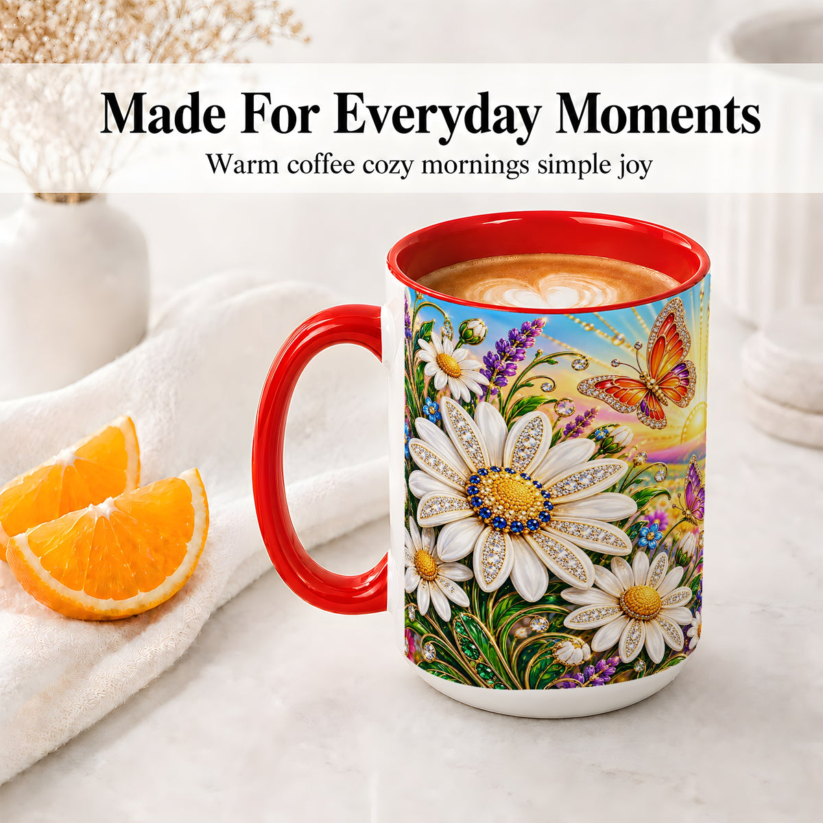 #pl[15oz|Red] Daisy Butterfly Ceramic Mug with Colorful Sunrise Floral Artwork