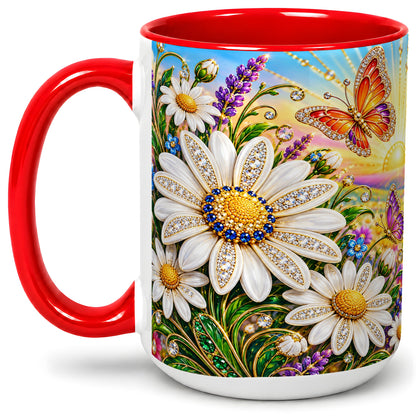 #pl[15oz|Red] Daisy Butterfly Ceramic Mug with Colorful Sunrise Floral Artwork
