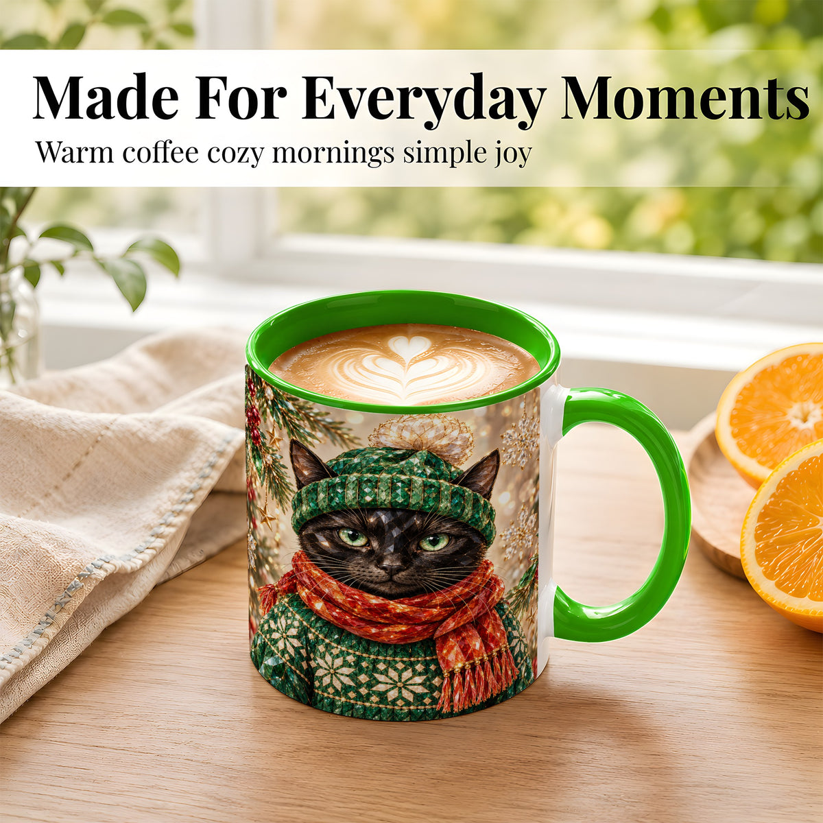 #pl[11oz|Green] Christmas Black Cat Coffee Mug, Winter Kitty Mug, Ceramic Cup
