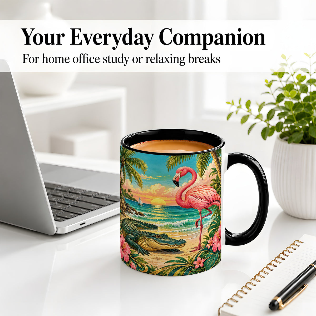#pl[11oz|Black] Tropical Flamingo Ceramic Mug with Alligator Beach Wildlife Artwork