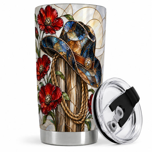 Western Cowboy 20oz Tumbler, Stained Glass Hat and Poppy Artwork