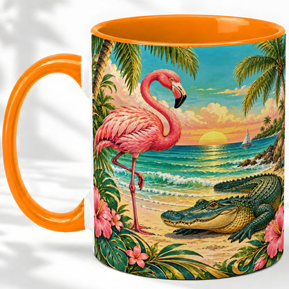 #pl[11oz|Orange] Tropical Flamingo Ceramic Mug with Alligator Beach Wildlife Artwork
