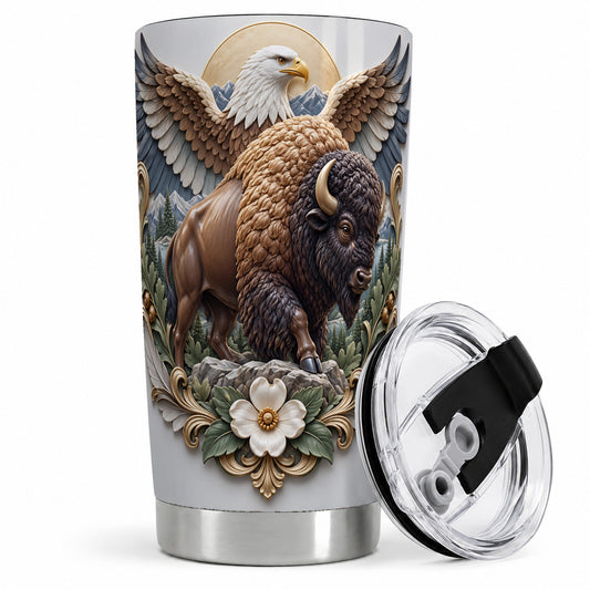Bison and Eagle 20oz Tumbler, Mountain Wildlife Artwork for Nature Fans