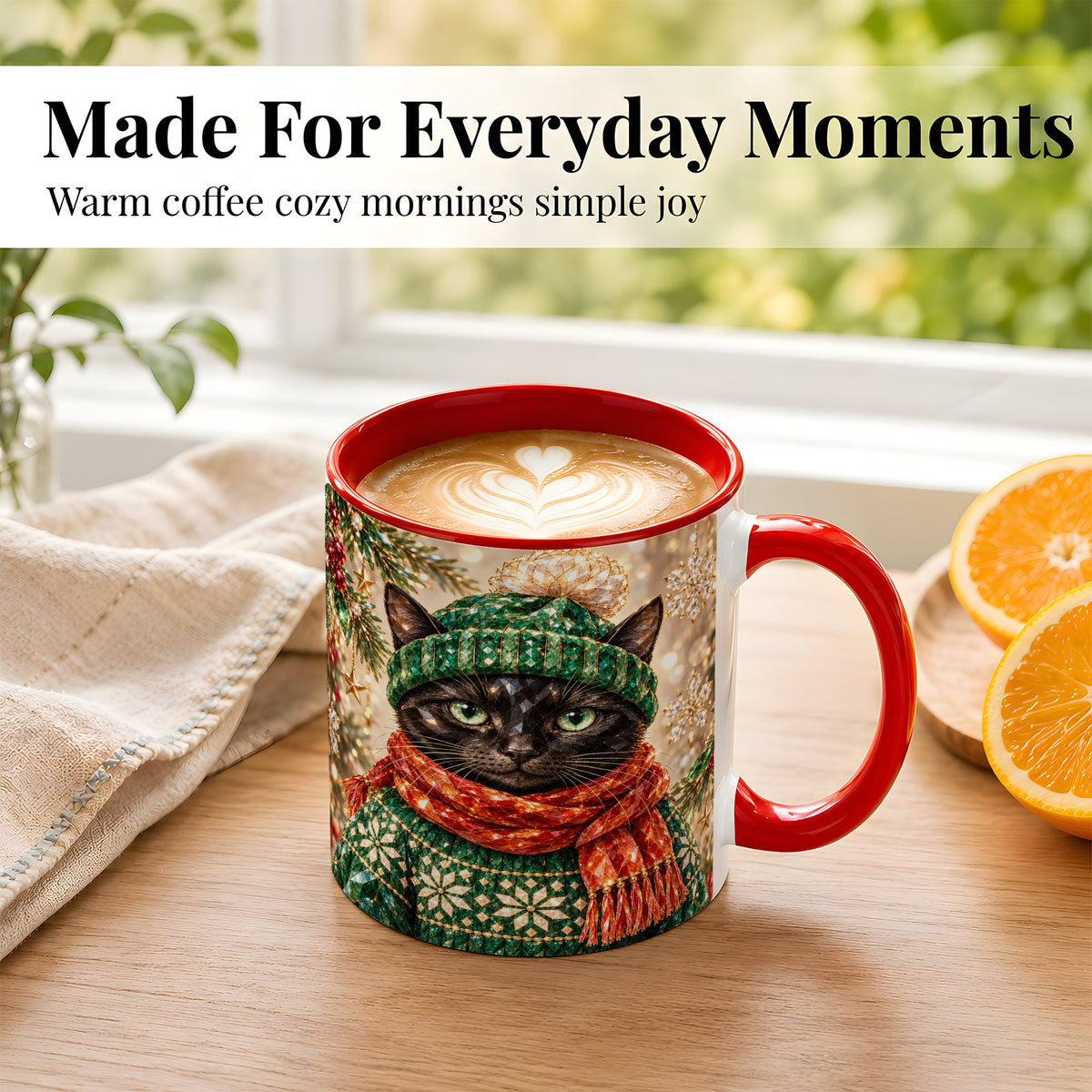 #pl[11oz|Red] Christmas Black Cat Coffee Mug, Winter Kitty Mug, Ceramic Cup