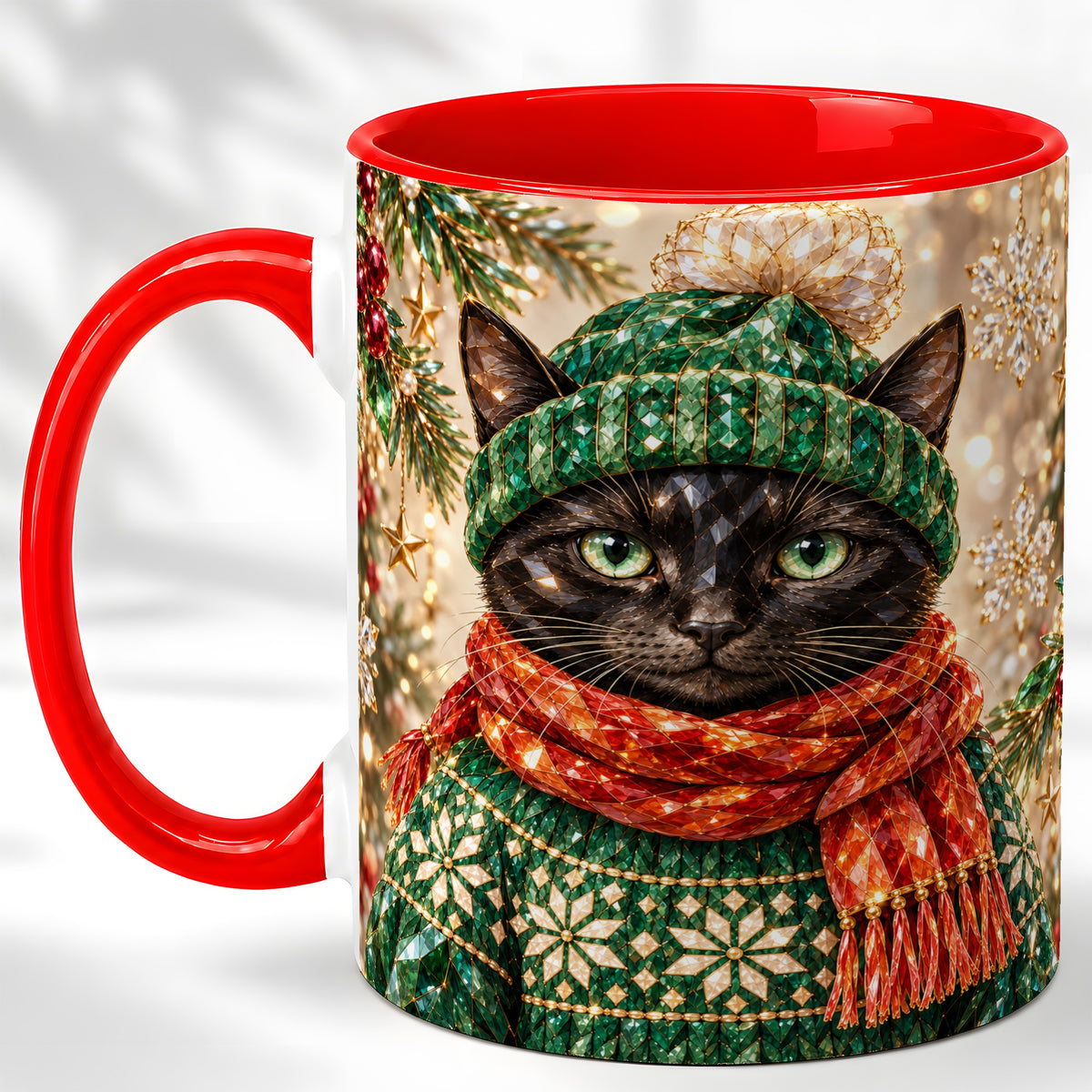 Christmas Black Cat Coffee Mug, Winter Kitty Mug, Ceramic Cup